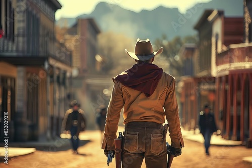 dramatic wild west duel scene cowboy ready to draw in old town western movie shot