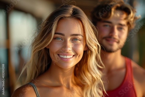 A woman with blonde hair and a man with a beard are smiling for the camera