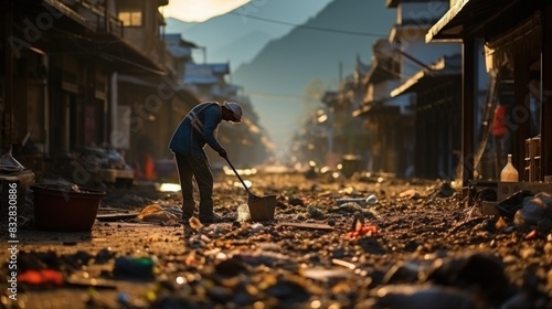 A person sweeping the street at sunrise in a small town, with mountains in the background and debris littering the ground