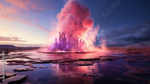 Majestic geyser eruption with dramatic lighting and cloud formation at sunset