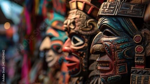 Aztec Colorful Wooden Masks. Aztec Mask. Aztec wooden handcrafted masks in a traditional Mexican market. Aztec culture Wooden Aztec masks.