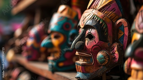 Aztec Colorful Wooden Masks. Aztec Mask. Aztec wooden handcrafted masks in a traditional Mexican market. Aztec culture Wooden Aztec masks.