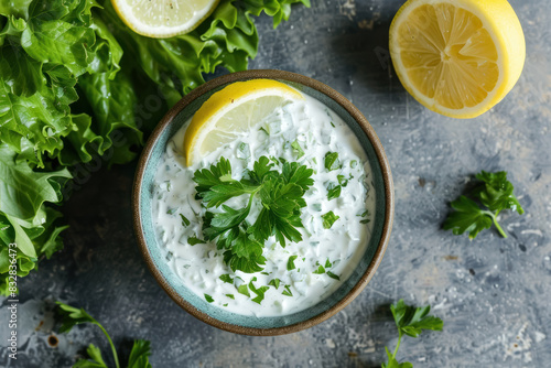 fresh homemade ranch dressing with parsley and lemon in rustic ceramic bowl