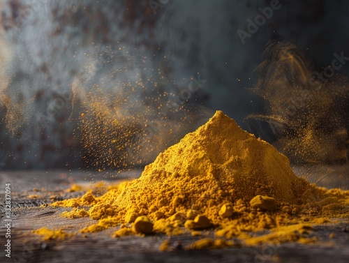Bright yellow turmeric powder captured in a rustic studio setting, representing its powerful anti-inflammatory properties and essential role in curries and health remedies. 
