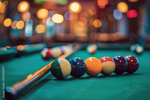 Closeup of billiard balls and pool sticks on a green table, with a blurred background of a game hall. A stock photo contest winning image, with high resolution, detail, and quality.