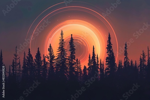 ethereal sunset landscape with concentric circles rising above silhouetted fir forest abstract digital art