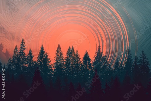 ethereal sunset landscape with concentric circles rising above silhouetted fir forest abstract digital art