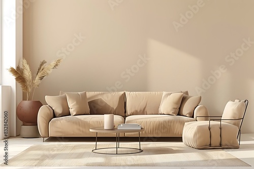 Modern interior design of a living room with a sofa, armchair and coffee table against a beige wall background
