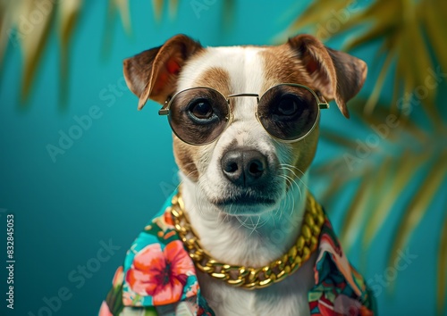 Photorealistic, miami style, Jack Russell Terrier, sunglasses, floral shirt, gold chain