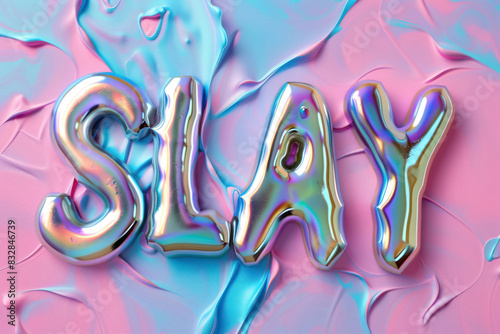 vibrant 'slay' text in holographic glosst liquid font on pastel pink and blue background