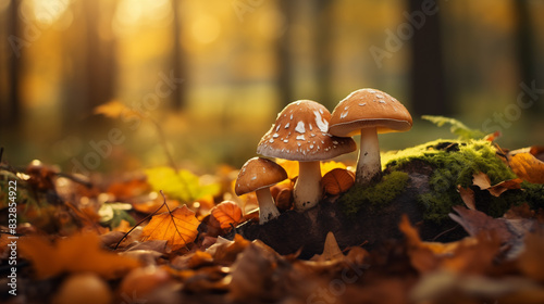 Three mushrooms are sitting on a log in the autumn woods