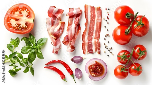 Amatriciana sauce ingredients. Tomato, onion, red hot chilli pepper and Italian bacon isolated on white background 