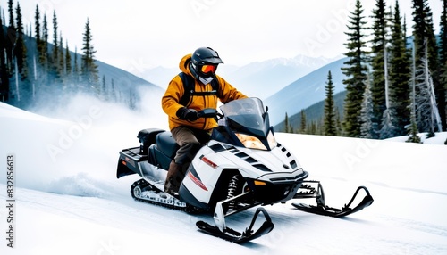 A person riding a snowmobile on a snowy trail with breathtaking mountain scenery in the background.. AI Generation