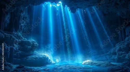 A dark karst cave inside a mountain with blue beams of light coming from above. Travel, wild nature, subterranean themes.