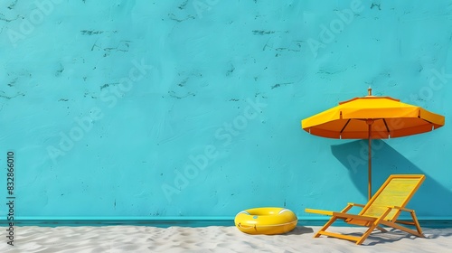 Set of yellow beach chair and umbrella with float on the sand and turquoise blue wall.