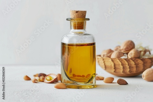 bottle of argan oil with argan on plain white background from Generative AI