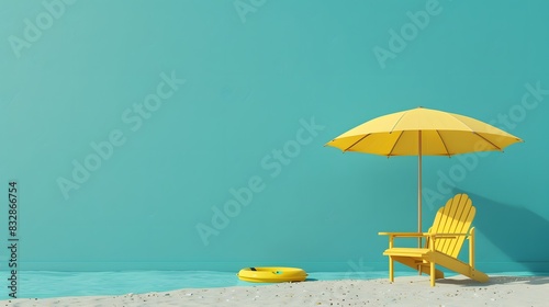 Set of yellow beach chair and umbrella with float on the sand and turquoise blue wall.