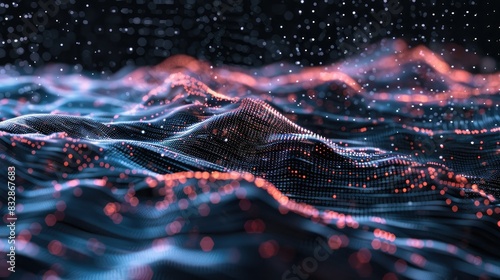 Holographic grid merging with pixelated waves, creating a digital dreamscape