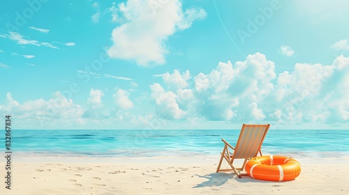 Summer beach holiday concept. A chair and an inflatable swimming ring on sand of beach against the backdrop of the sea and blue sky.