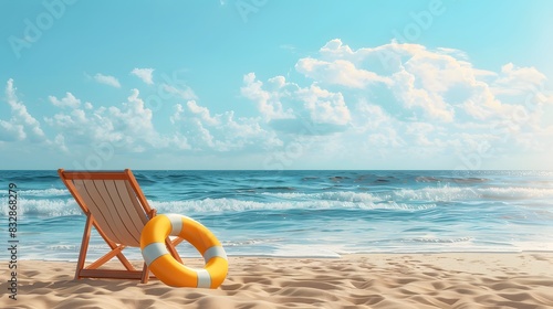 Summer beach holiday concept. A chair and an inflatable swimming ring on sand of beach against the backdrop of the sea and blue sky.
