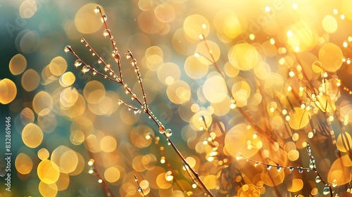 Many dew drops glow and sparkle in sun in morning fresh wet grass in nature. Beautiful bokeh circles. 