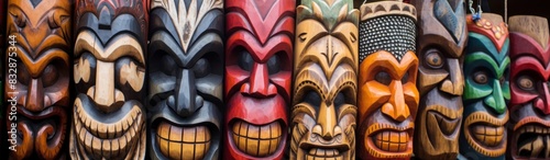 Hawaiian Colorful Wooden Masks. Hawaiian Mask. Hawaiian wooden handcrafted masks in a traditional Hawaiian market. Hawaiian culture Wooden Hawaiian masks.