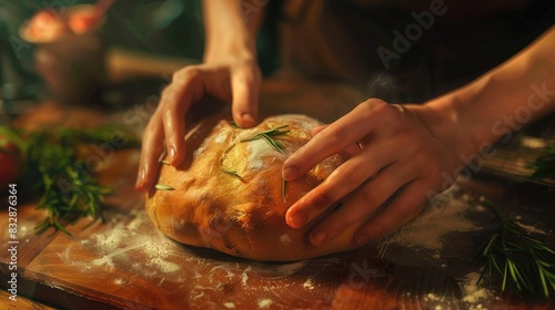 Woman's hands kneading dough to make organic sourdough bread loaf n a home bakery realistic hyperrealistic 