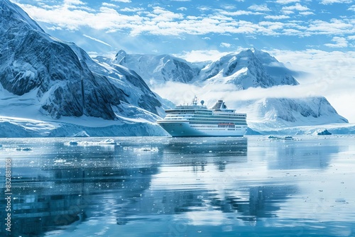 luxury cruise ship sailing through icy arctic ocean majestic glaciers and mountains landscape
