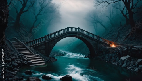 An ethereal scene of a stone bridge arching over a foggy river in a hauntingly serene forest, illuminated by a faint light.. AI Generation