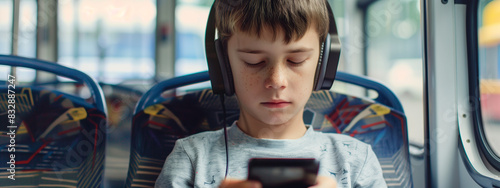 A pensive young boy, headphones clamped and mobile phone in hand, sits transfixed in the bus seat, oblivious to the world passing by the window.