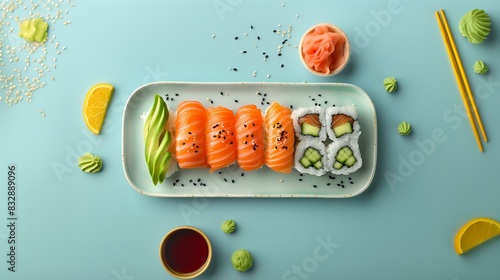 Comida Japonesa em uma imagem publicitaria de fundo azul, tradicional sushi e salmão