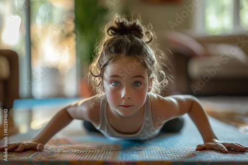 An adorable girl engages in a yoga practice, performing the cobra pose on a vibrant, patterned yoga mat in a home setting