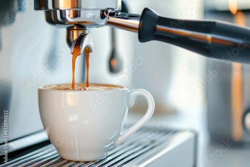 photo of coffee machine making espresso in a white cup, close up