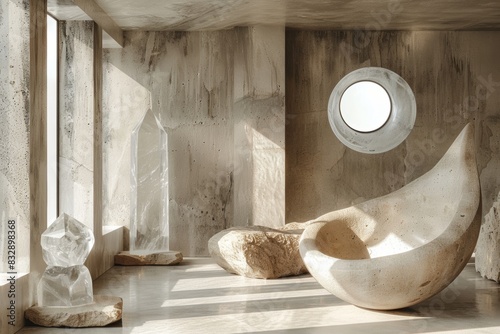a room with geometric sculptures and a clear crystal, incorporating new age minimalism concept, providing space for text against a sunlight backdrop