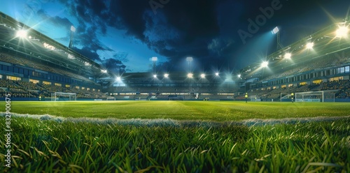 Soccer stadium, grass field and stands with fans at night. wide angle lens