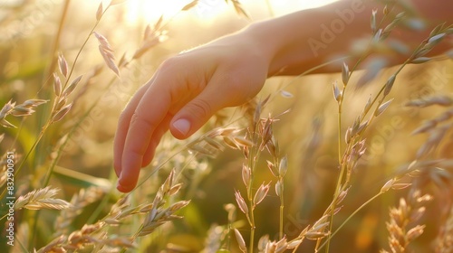 Agricultural worker s sun browned female hand caresses oat stems