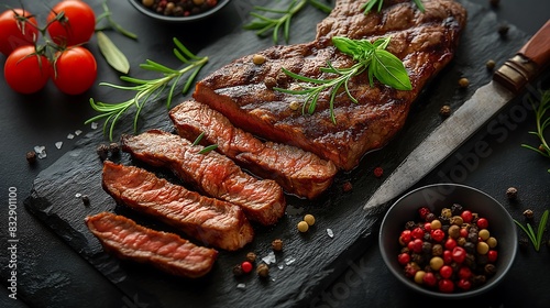 Churrasco, carne assada e carne grelhada fatiada sob uma mesa com temperos que abre o apetite