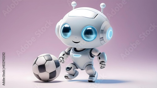 Robot grający w piłkę nożną na fioletowym tle
