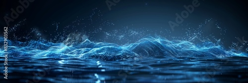 Ocean waves splash effect, blue background, wide banner