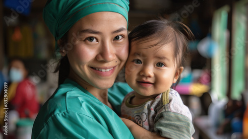 A smiling volunteer nurse holding a smiling baby in an underdeveloped country or impoverished village. Makeshift hospital or temporary medical center.