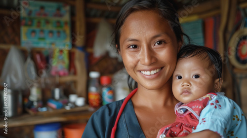 A smiling volunteer nurse holding a baby girl in an underdeveloped country or impoverished village. Makeshift hospital or temporary medical center.