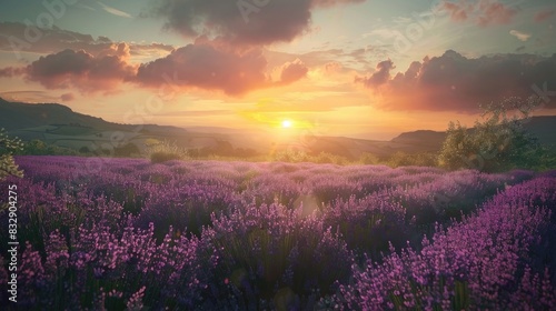 Sunset over lavender field, rural landscape