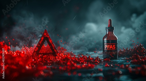 Warning sign PFAS in laboratory, concept of the harmful effects of chemicals on living organisms and health risk, banner