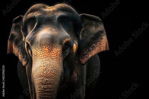 Mystic portrait of Asian Elephant, copy space on right side, Anger, Menacing, Headshot, Close-up View Isolated on black background
