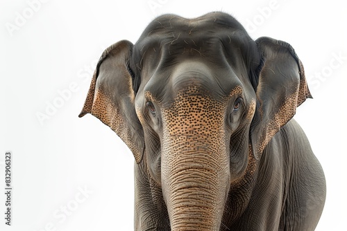 Mystic portrait of Asian Elephant, copy space on right side, Anger, Menacing, Headshot, Close-up View Isolated on white background