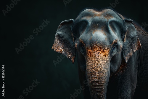 Mystic portrait of Asian Elephant, copy space on right side, Anger, Menacing, Headshot, Close-up View Isolated on black background