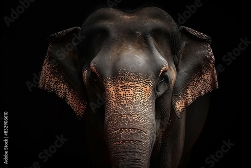Mystic portrait of Sumatran Elephant, copy space on right side, Anger, Menacing, Headshot, Close-up View Isolated on black background