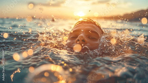 A human floating on water with water splash under the sunlight