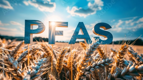 PFAS inscription on wheat field ears background, ecology and environment pollution concept, health risk, banner