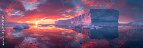 A nature iceberg during sunset, the sky ablaze with colors, and the ice reflecting the hues